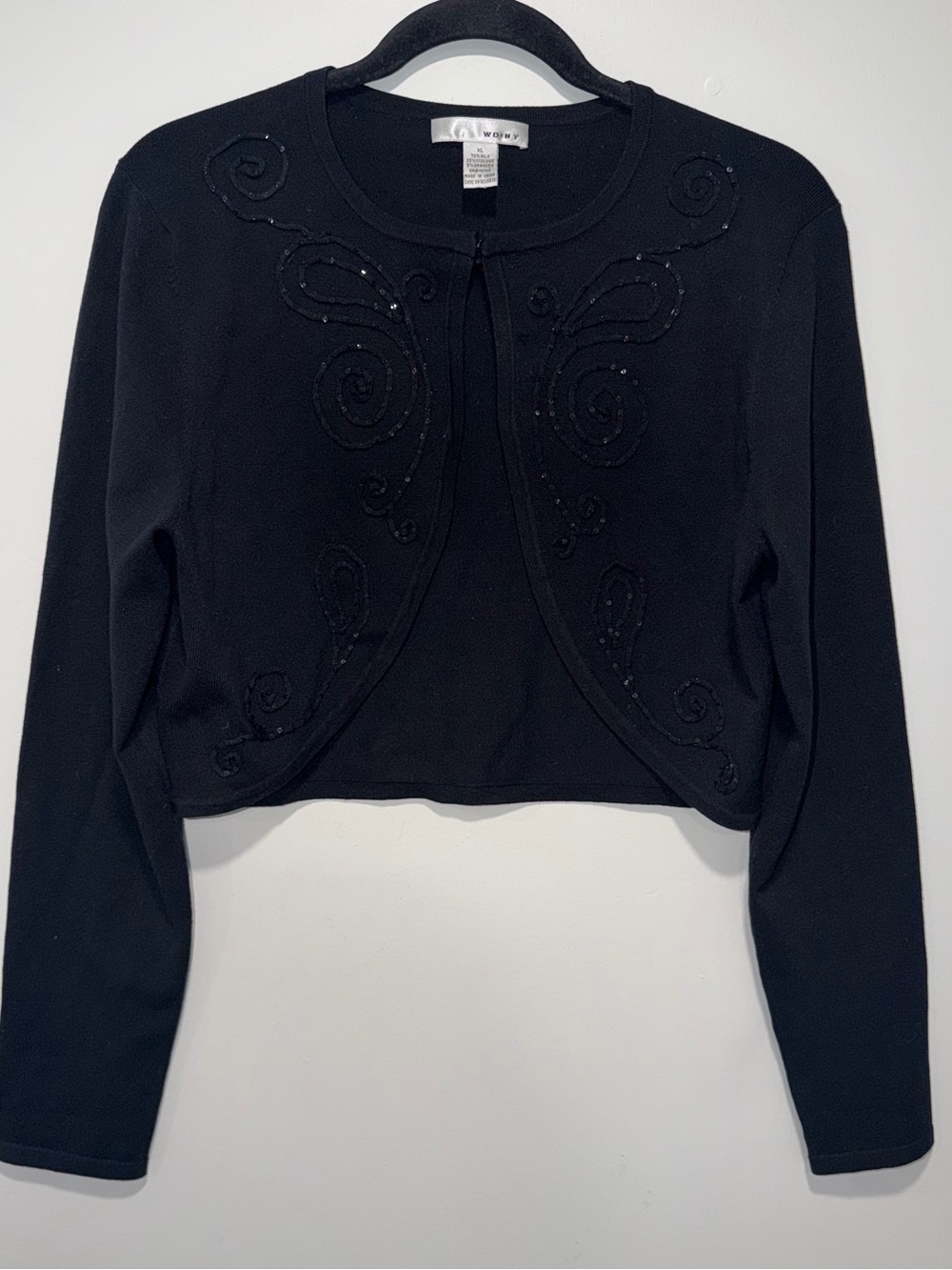WD.NY Women’s 70% Silk Blend Cropped Cardigan Black Beaded Long Sleeves Size XL
